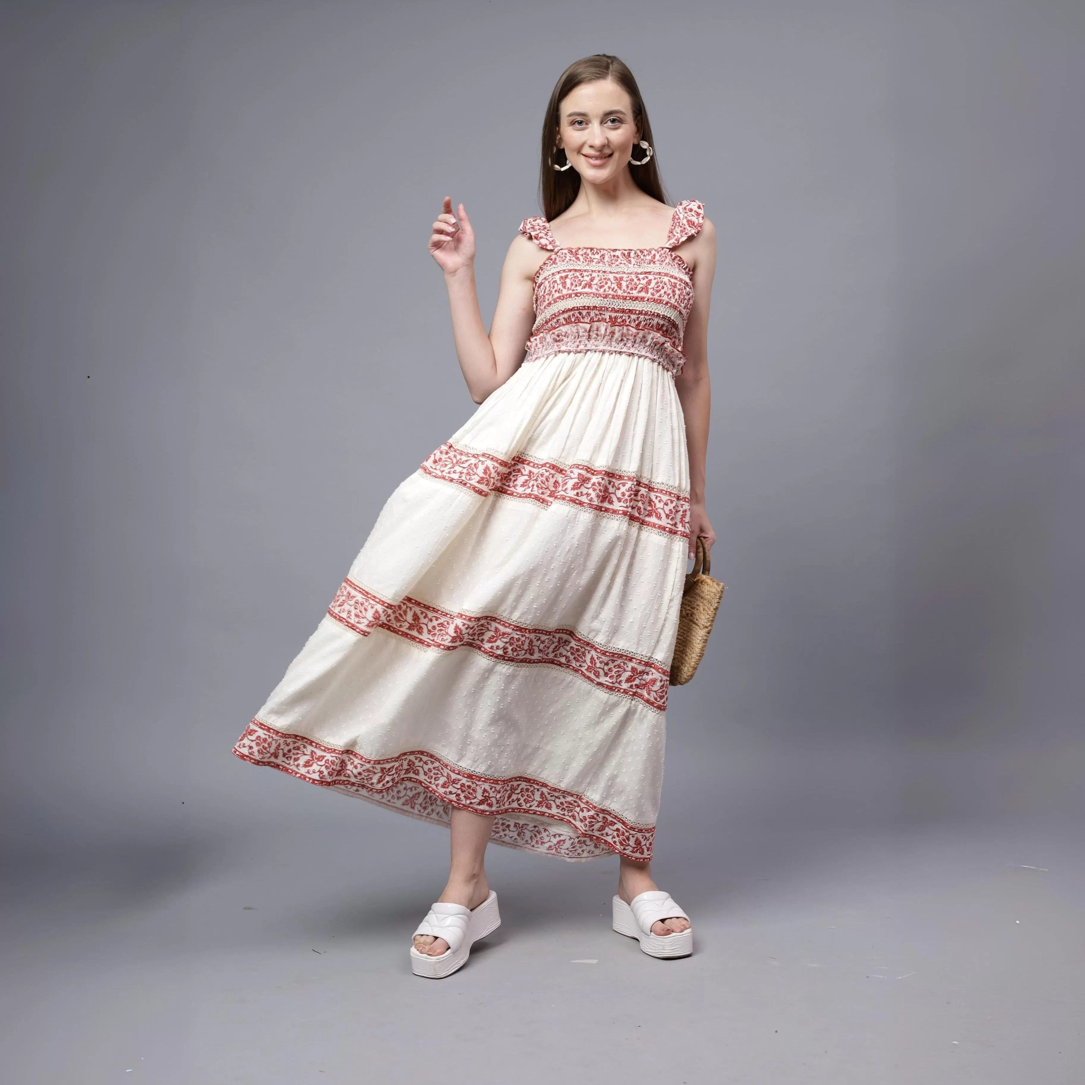 Daisyella Fit And Flare- Off White And Maroon Cotton Dobby Dress