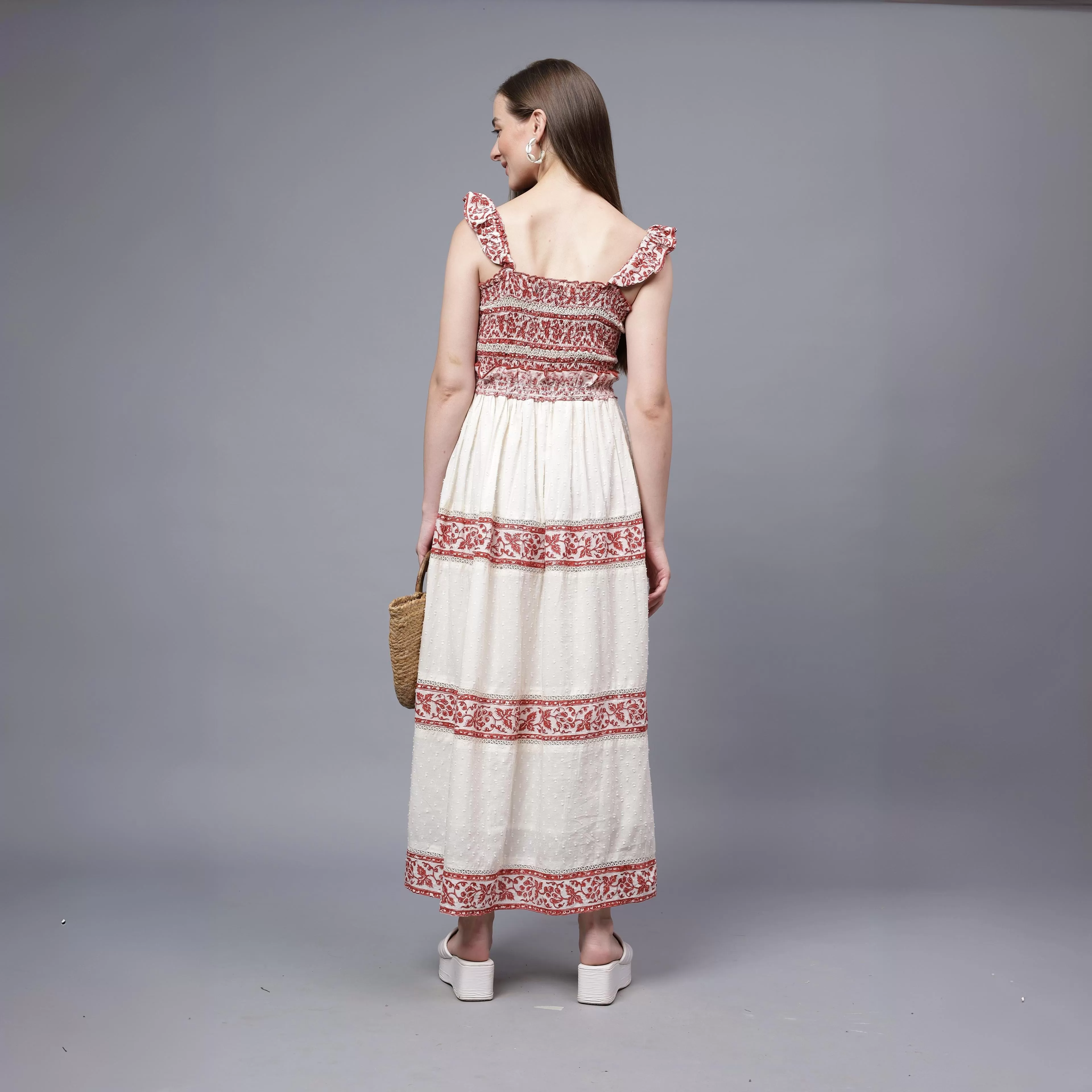 Daisyella Fit And Flare- Off White And Maroon Cotton Dobby Dress