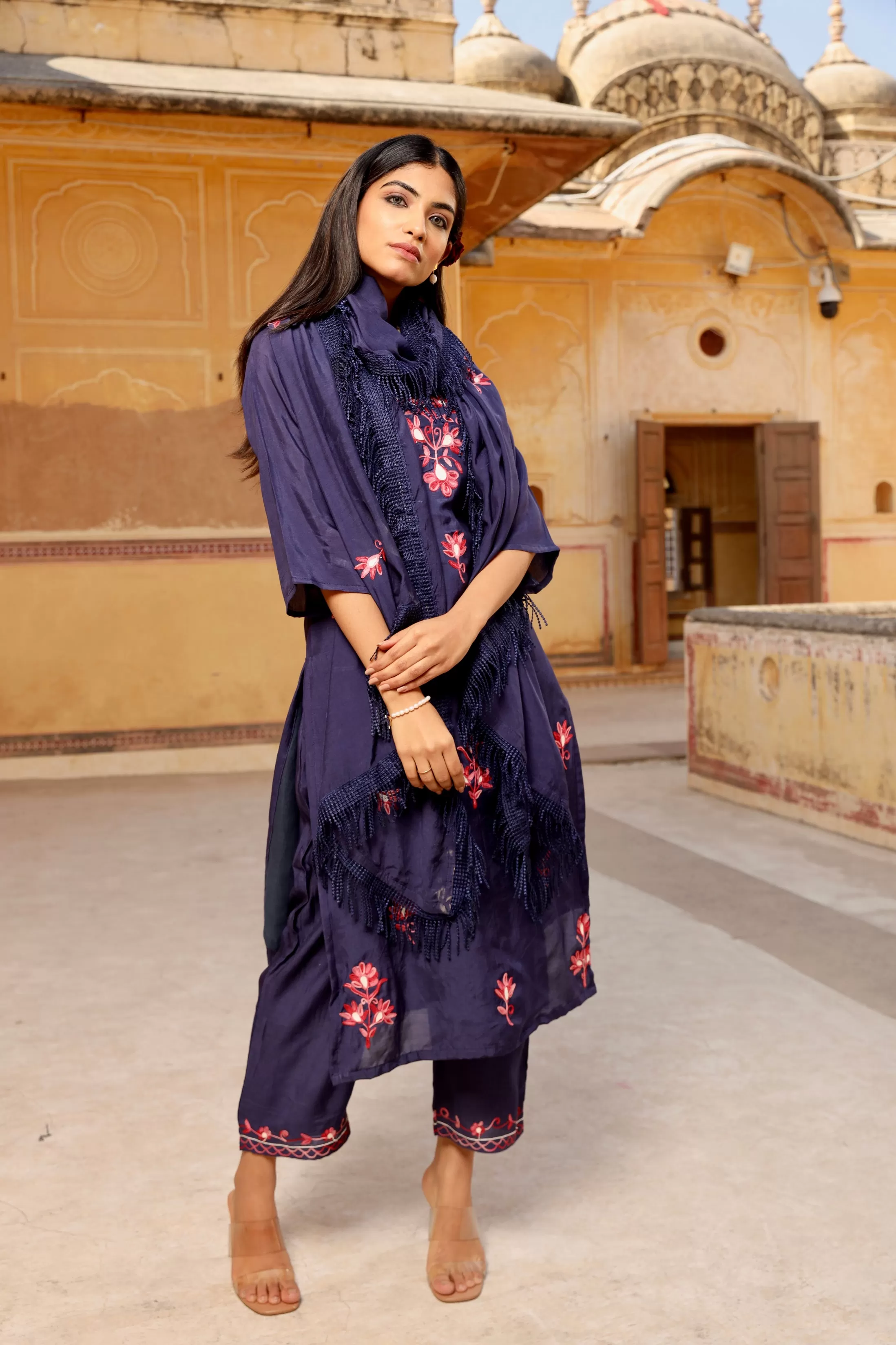 dark blue aari embroidery straight set