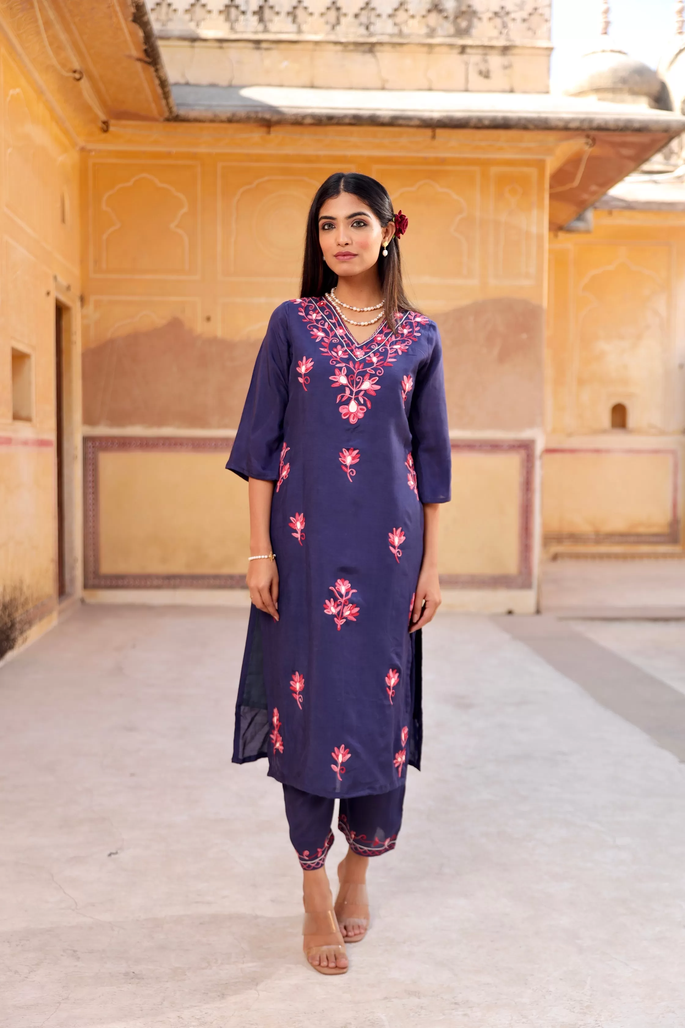 dark blue aari embroidery straight set