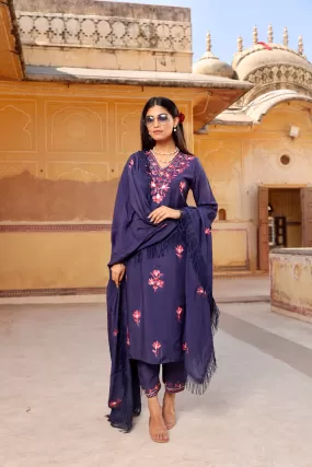 dark blue aari embroidery straight set