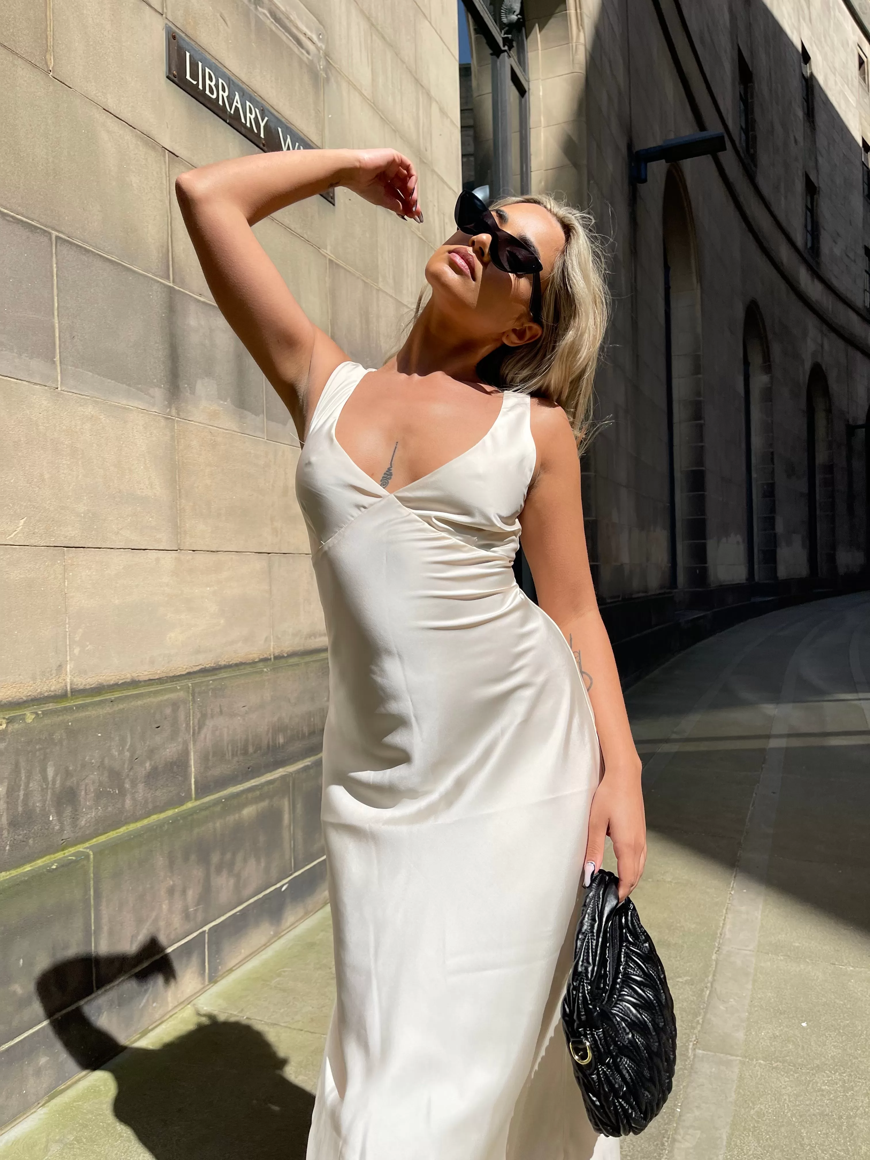 Dark-Cream Satin V-Neck Midaxi-Dress