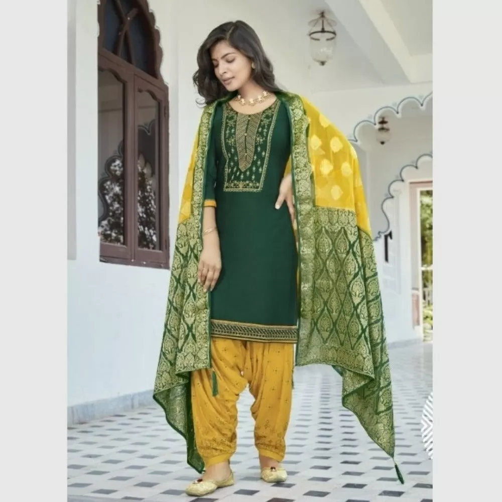 Dark Green Cotton Silk Patiala Suit with contrast Dupatta