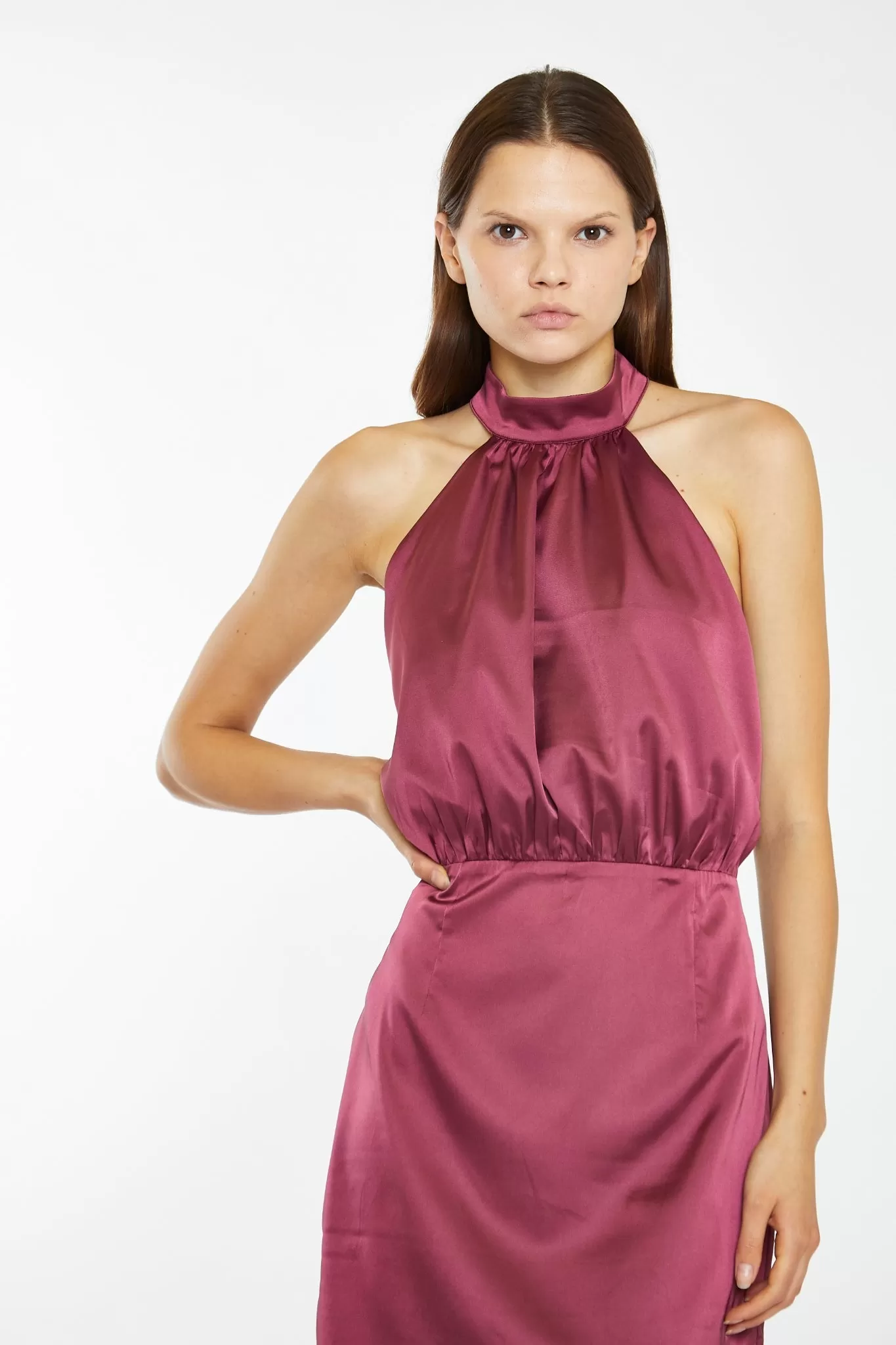 Dark-Raspberry Satin Diamante Strap Mini-Dress