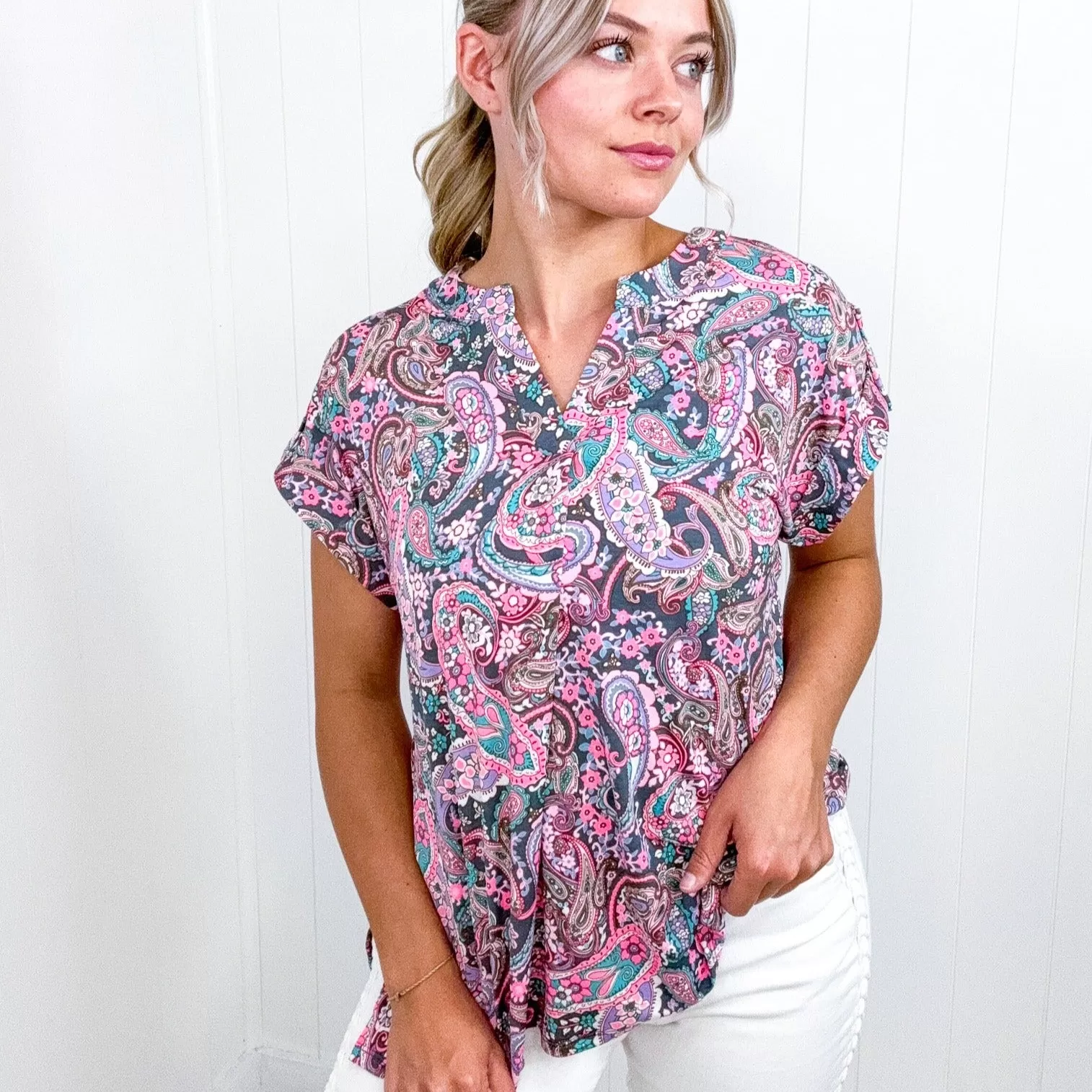 Dear Scarlett Lizzy Cap Sleeve Top in Charcoal and Pink Paisley