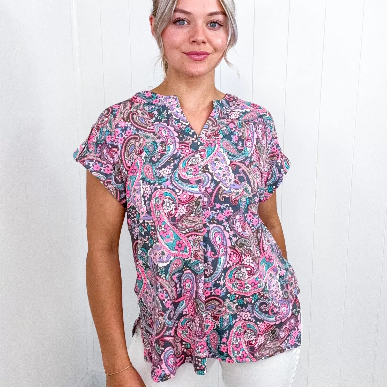 Dear Scarlett Lizzy Cap Sleeve Top in Charcoal and Pink Paisley