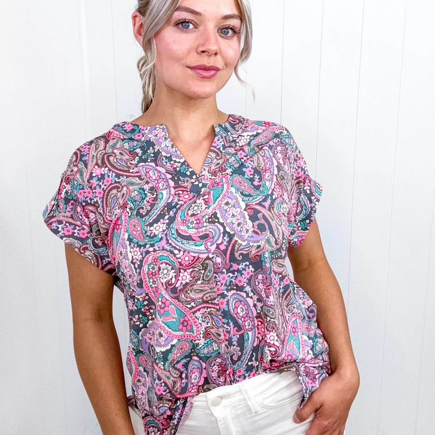 Dear Scarlett Lizzy Cap Sleeve Top in Charcoal and Pink Paisley