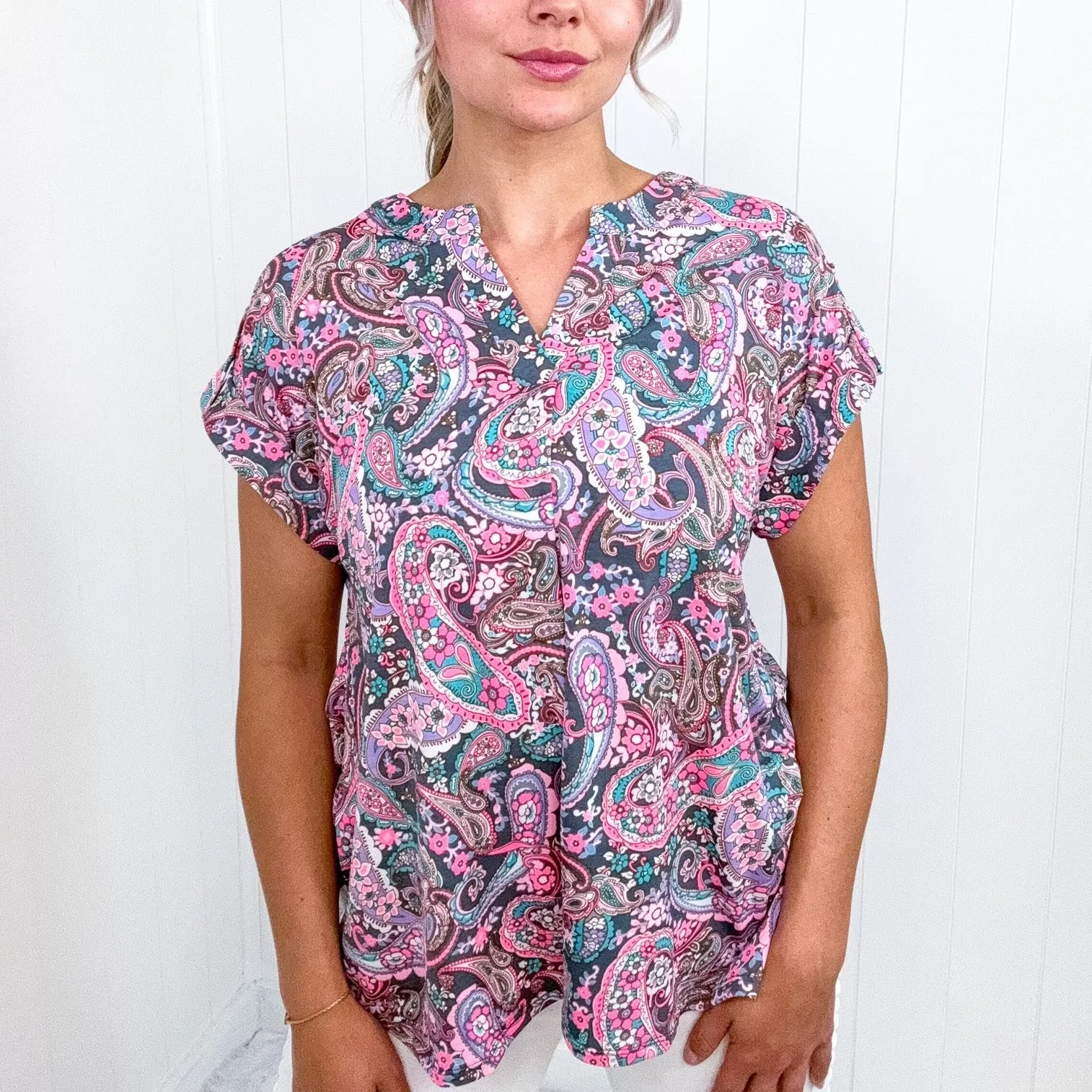 Dear Scarlett Lizzy Cap Sleeve Top in Charcoal and Pink Paisley