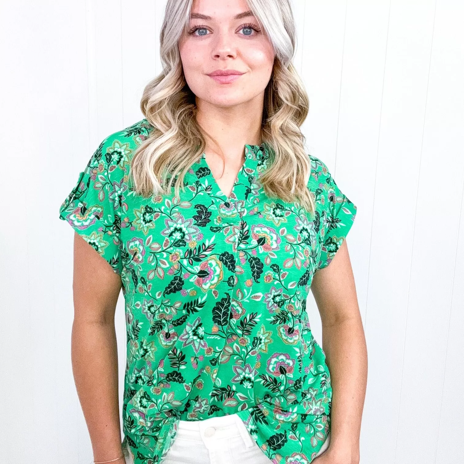 Dear Scarlett Lizzy Cap Sleeve Top in Green and Black Floral