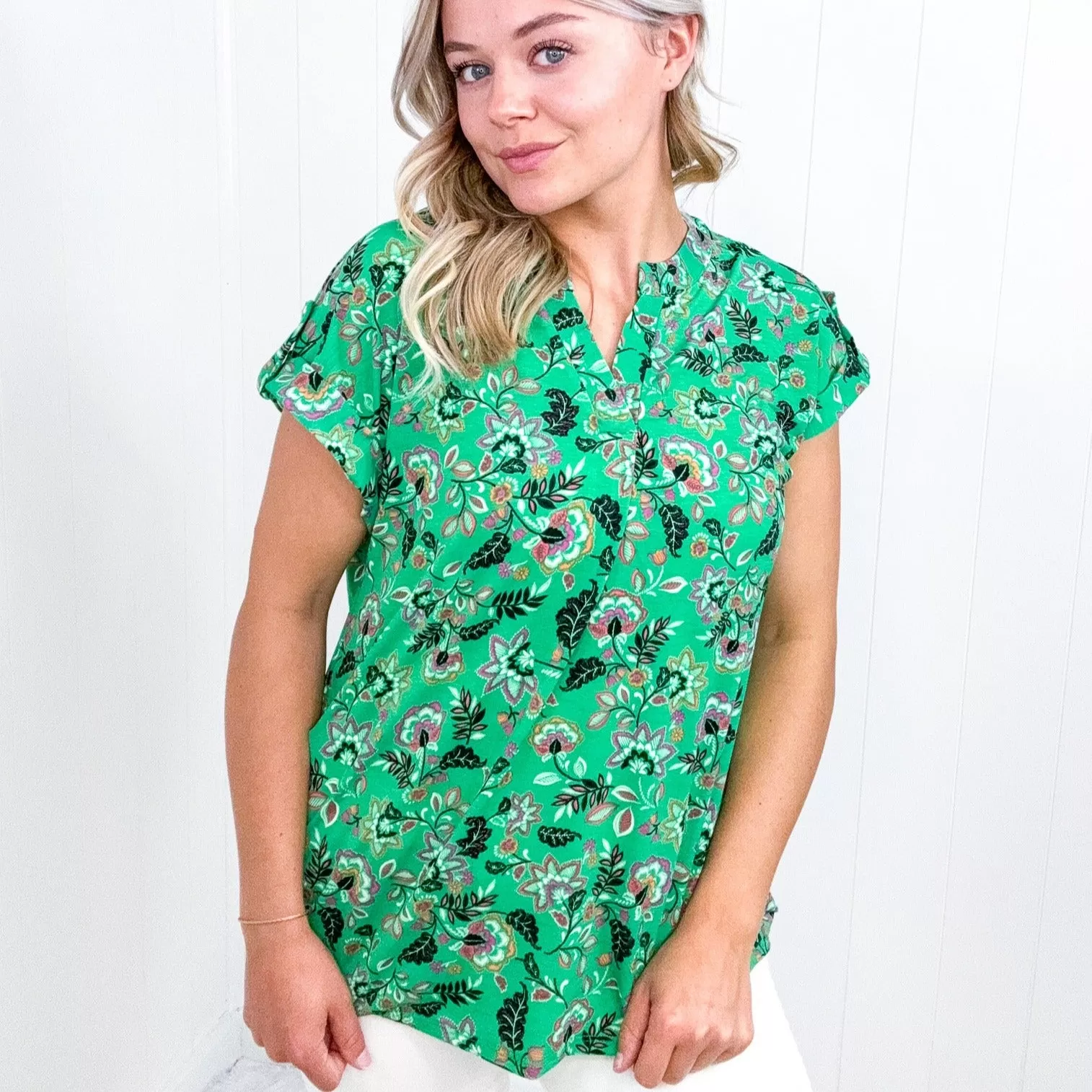 Dear Scarlett Lizzy Cap Sleeve Top in Green and Black Floral