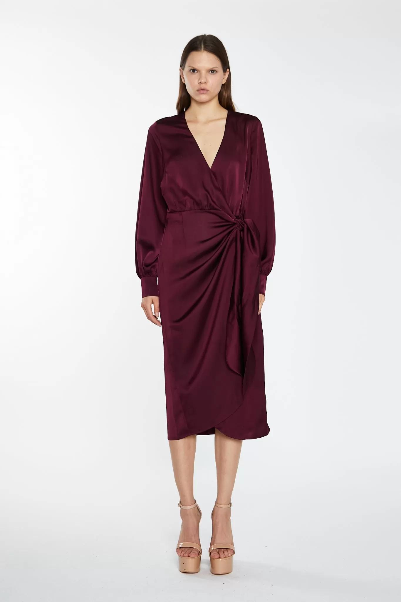 Deep Burgundy Satin Long-Sleeve Wrap Midi-Dress