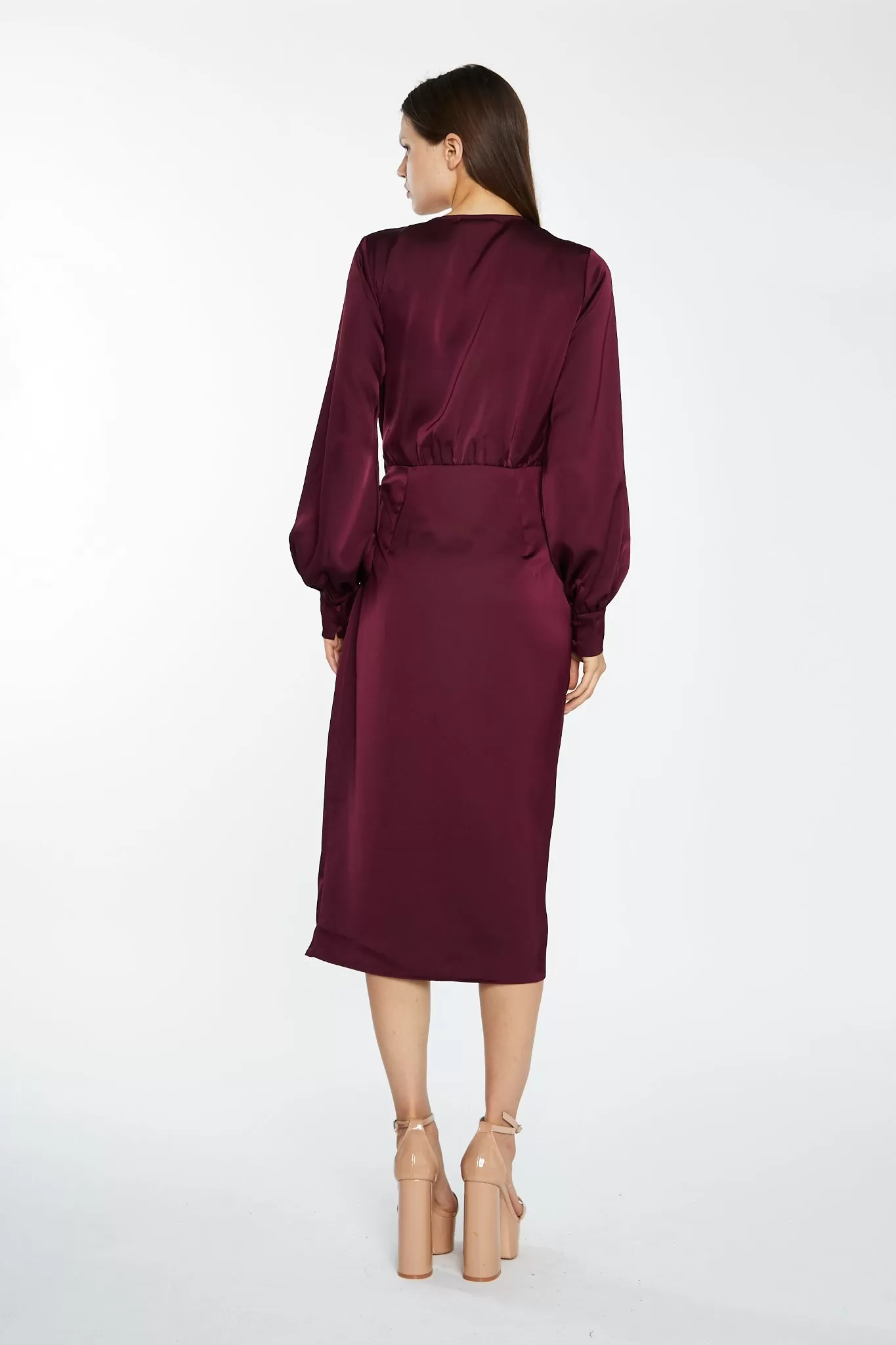 Deep Burgundy Satin Long-Sleeve Wrap Midi-Dress