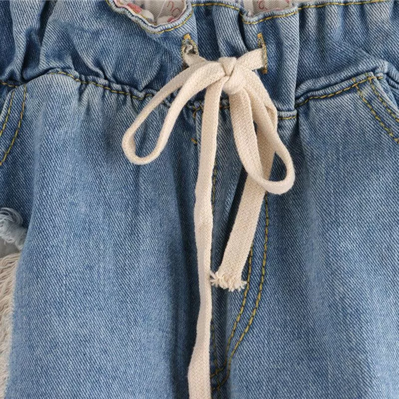 DENIM DRAWSTRING FRAYED SHORTS