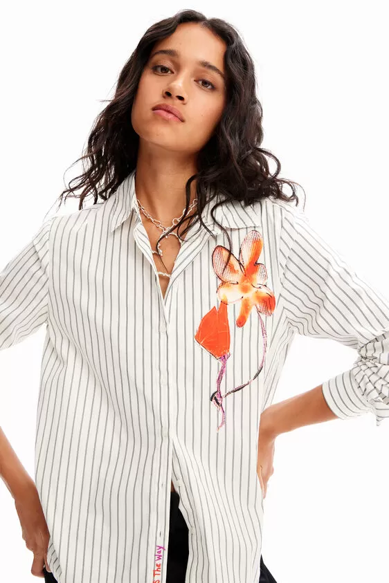 Desigual Stripe Flower Detail Shirt - Blanco