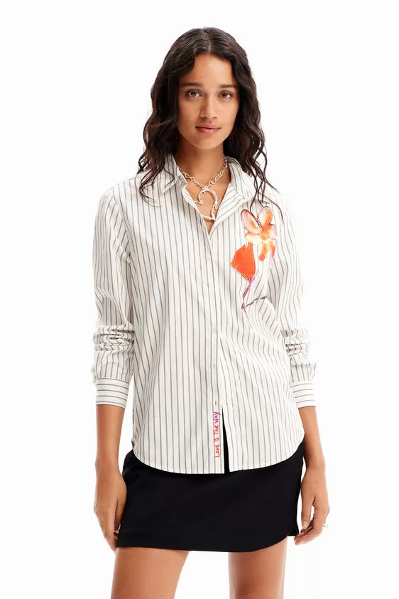 Desigual Stripe Flower Detail Shirt - Blanco