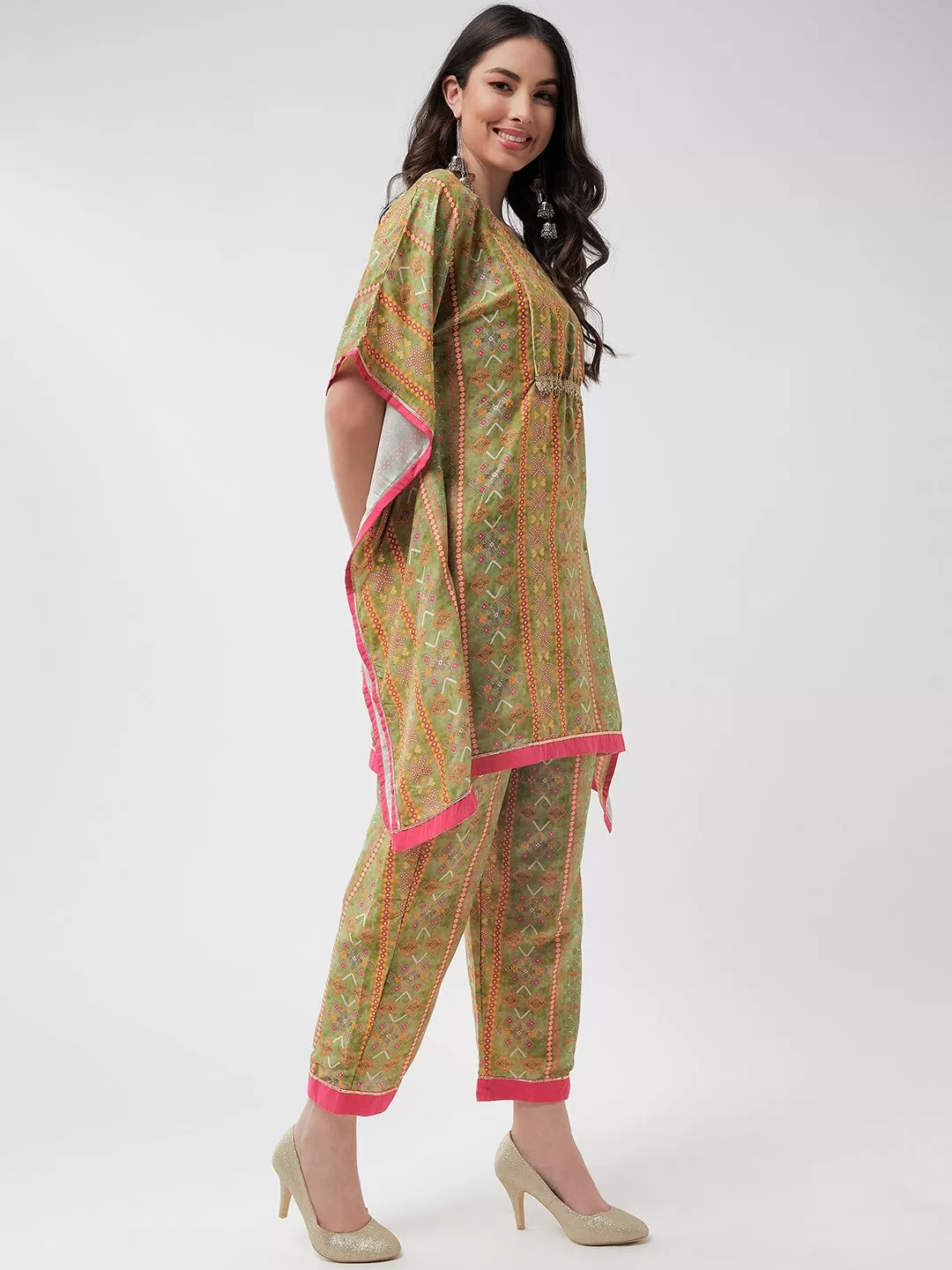 Digital Printed Embellished Yoke Kaftan Short Kurta With Pant Set