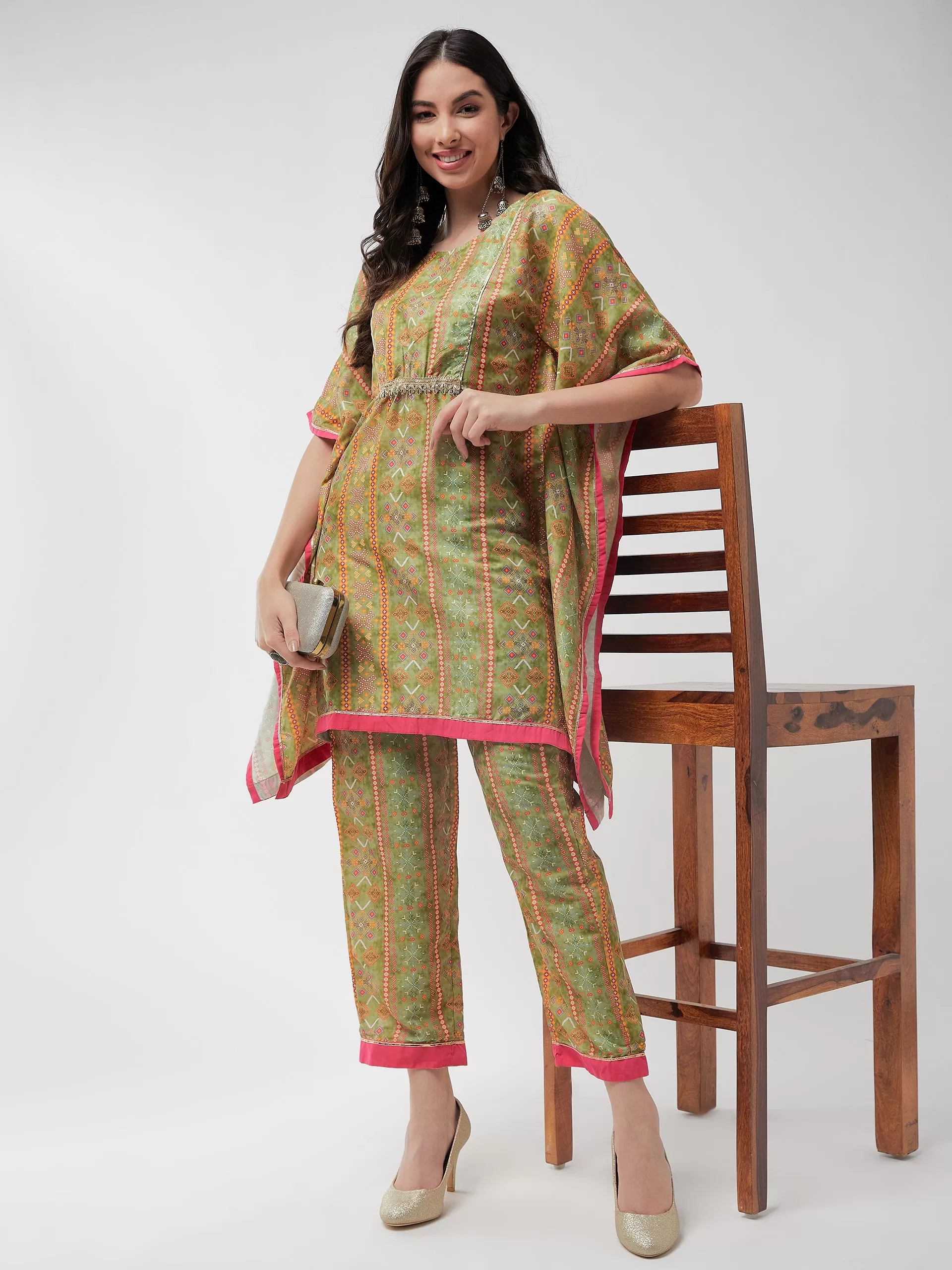 Digital Printed Embellished Yoke Kaftan Short Kurta With Pant Set