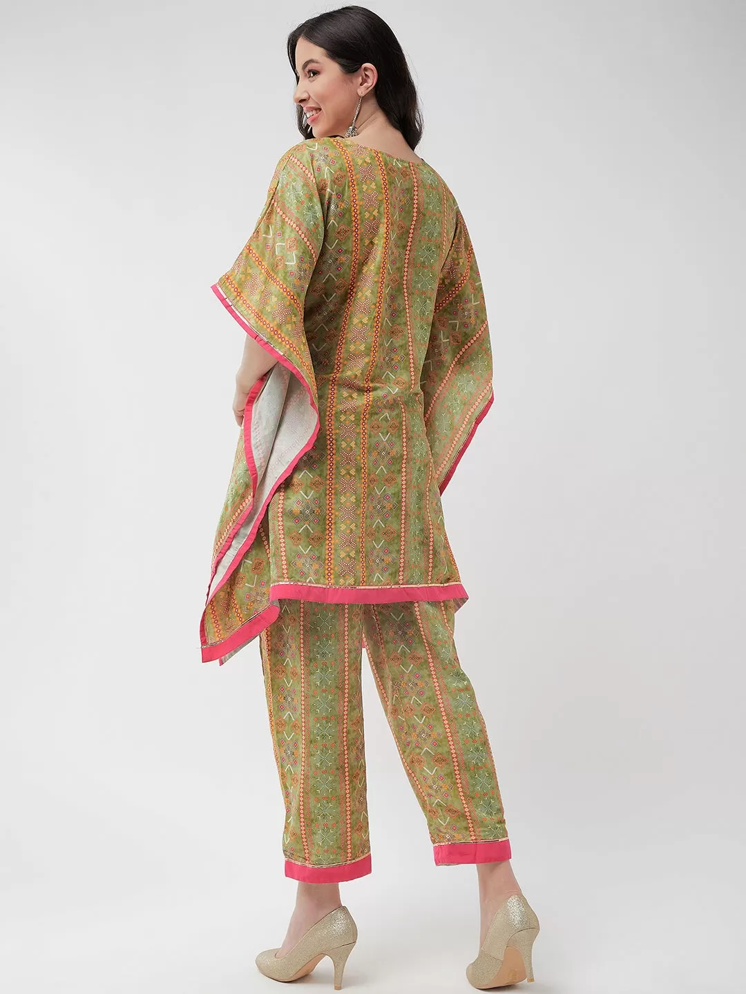 Digital Printed Embellished Yoke Kaftan Short Kurta With Pant Set