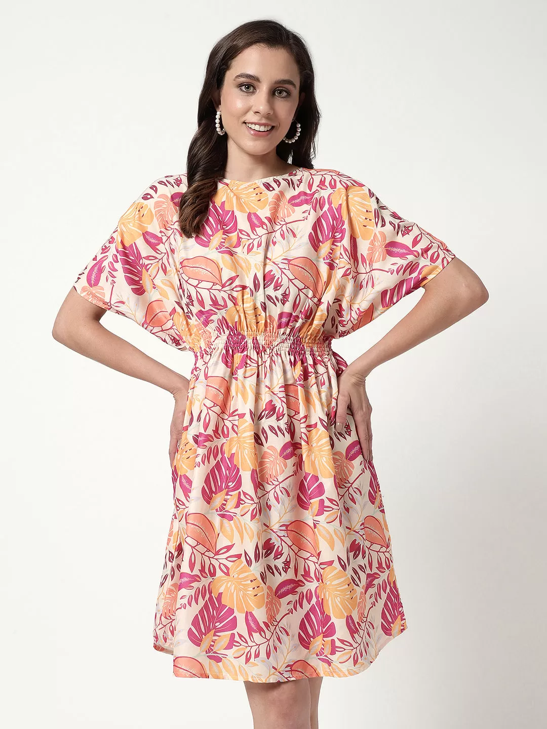 Digital Printed Floral Dress With Elasticated Waistline