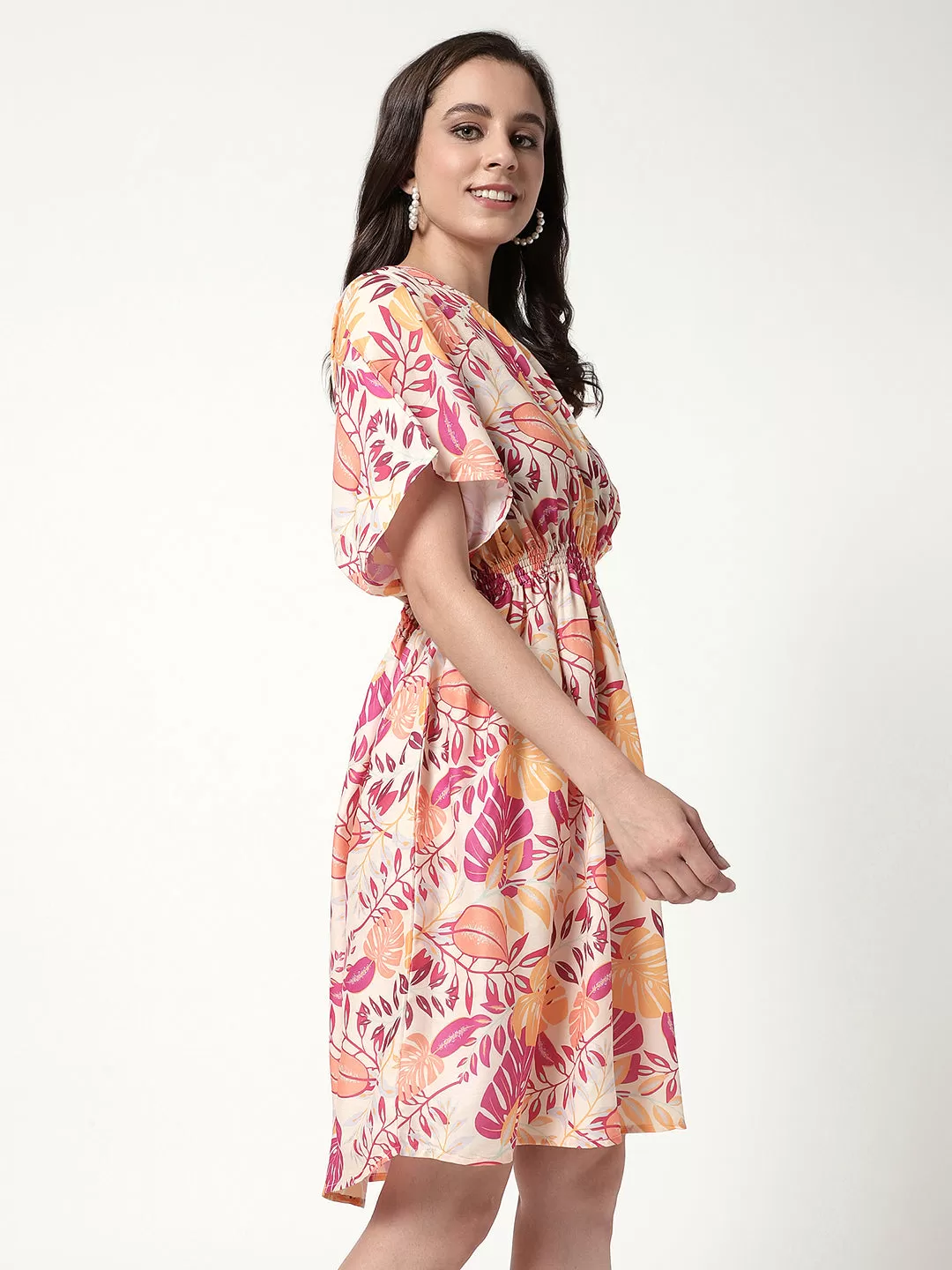 Digital Printed Floral Dress With Elasticated Waistline