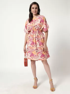 Digital Printed Floral Dress With Elasticated Waistline