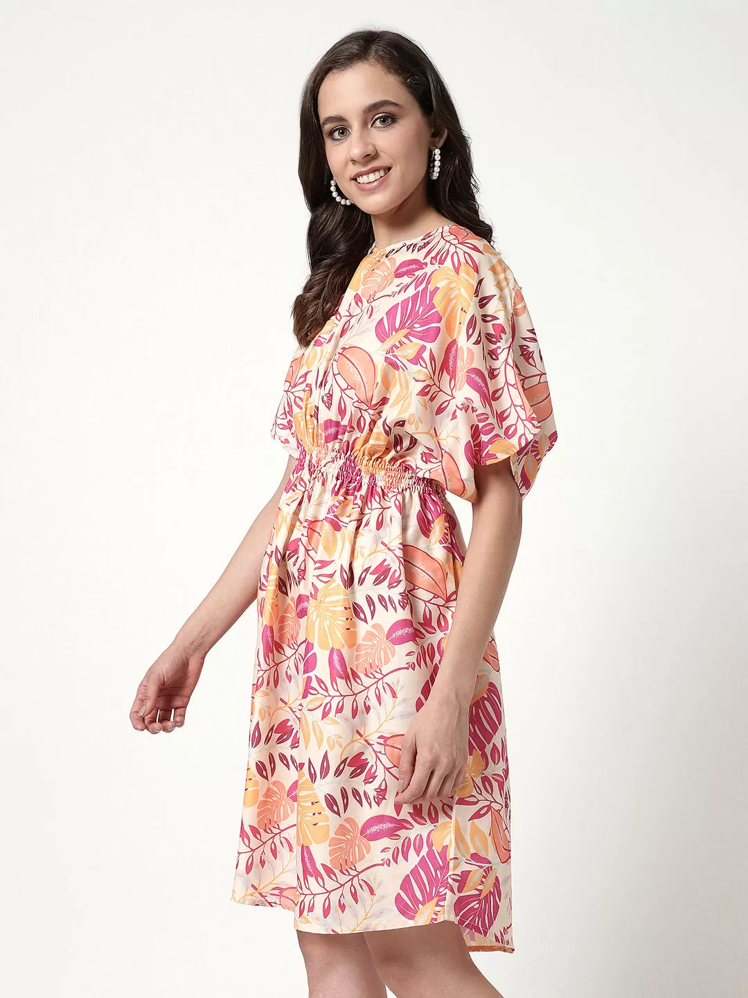 Digital Printed Floral Dress With Elasticated Waistline