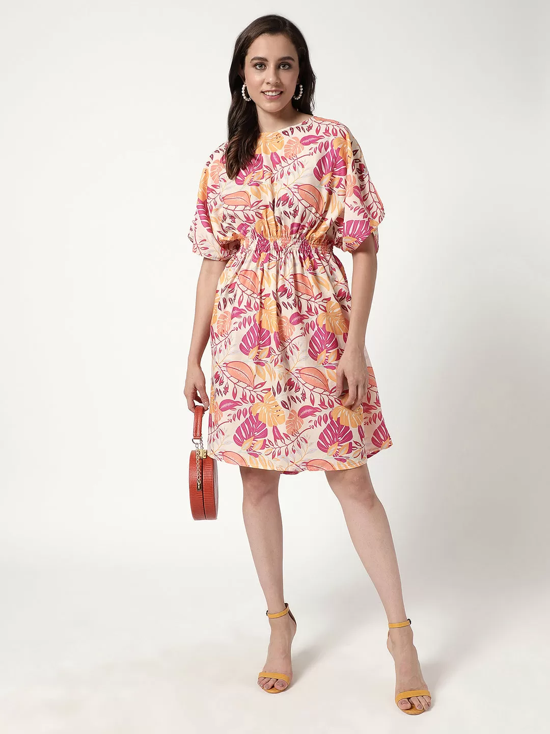 Digital Printed Floral Dress With Elasticated Waistline