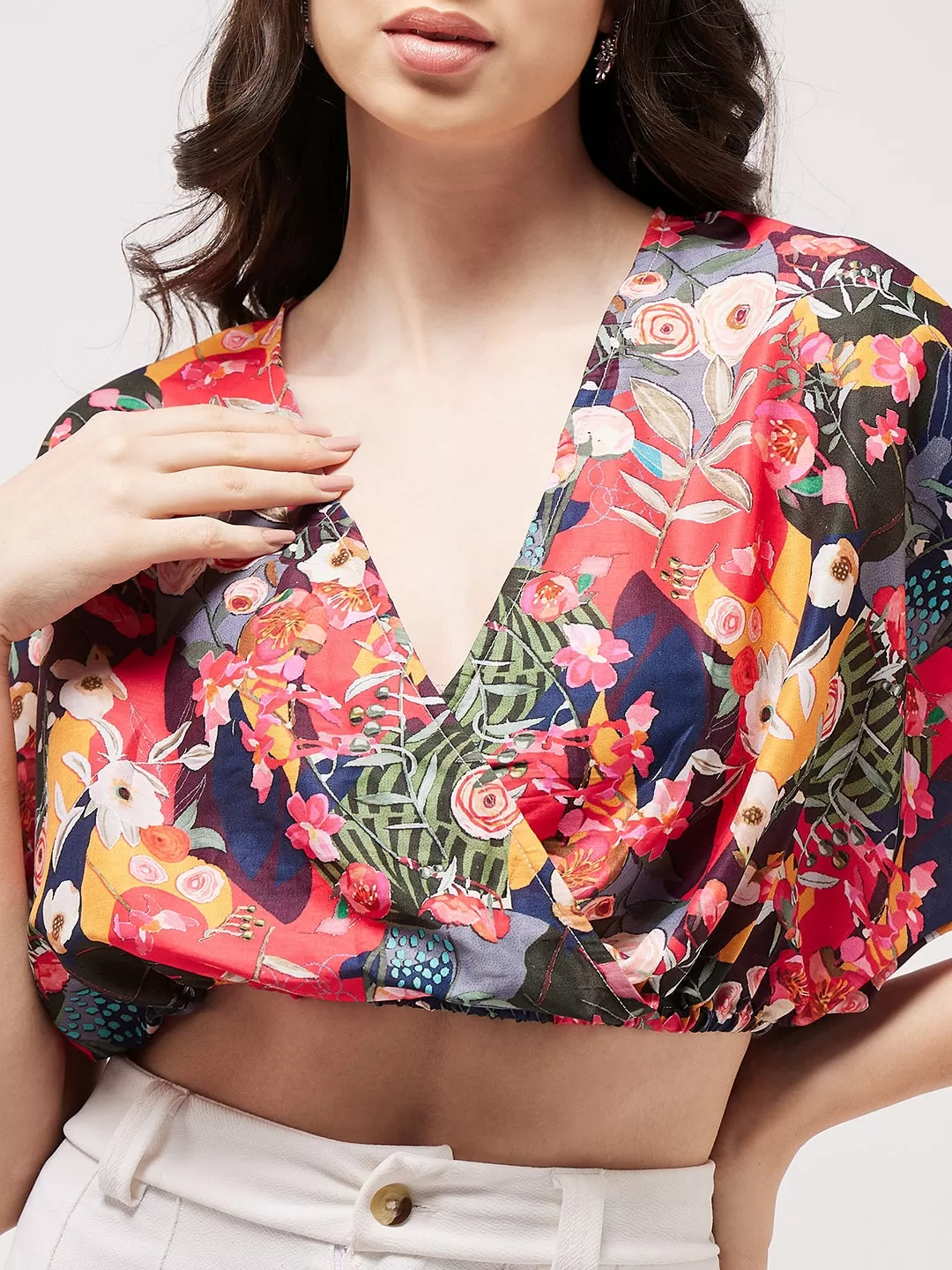 Digital Printed Overlap Crop Top With Elasticated Waist