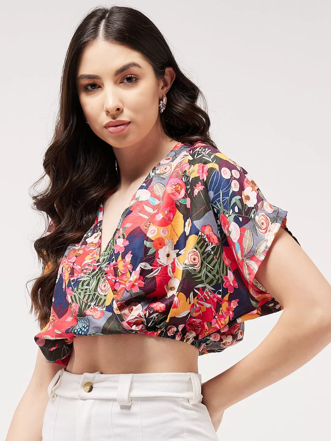 Digital Printed Overlap Crop Top With Elasticated Waist