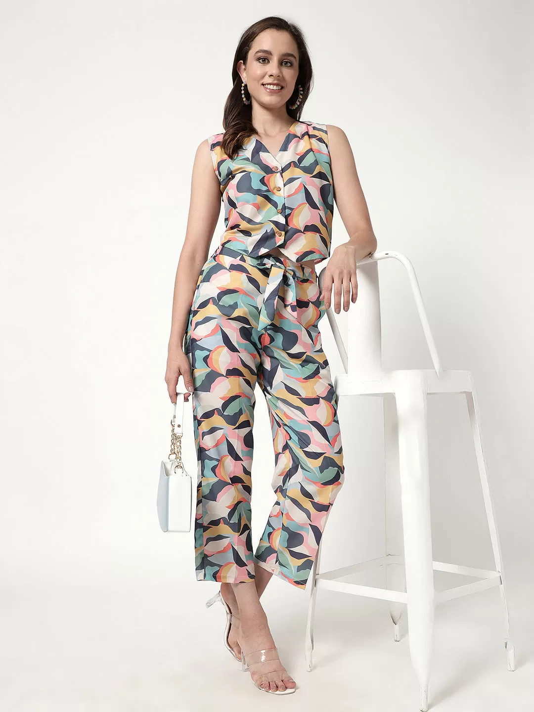 Digital Printed Sleeveless Waistcoat Top With Pant Set