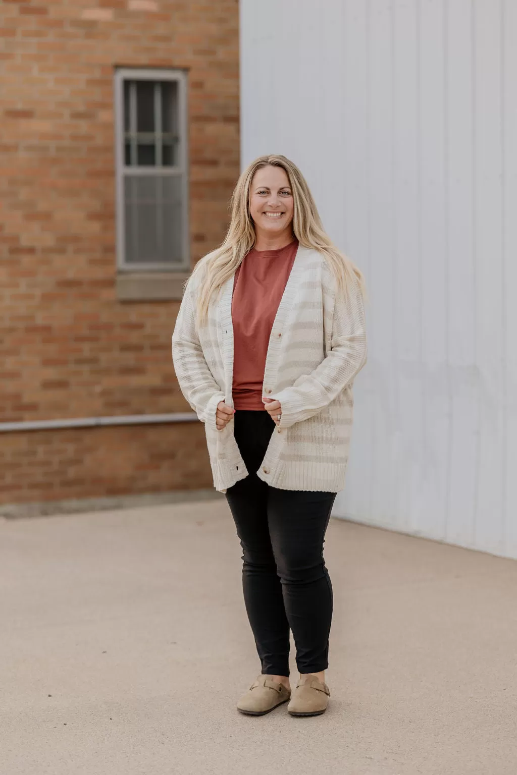 DONNA OATMEAL STRIPED BUTTON DOWN CARDIGAN AVAILABLE IN CURVY & REGULAR