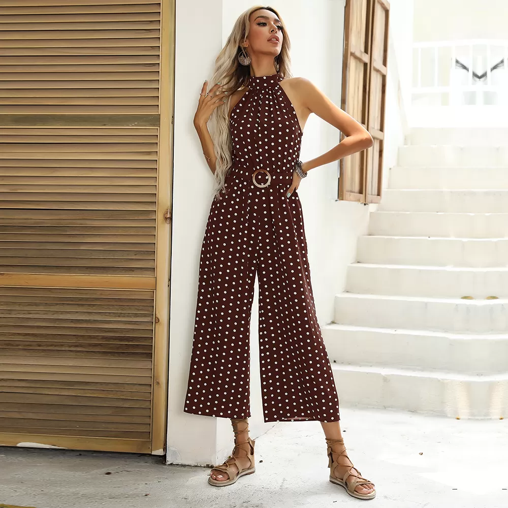 Dot Print Halter Sleeveless Jumpsuit