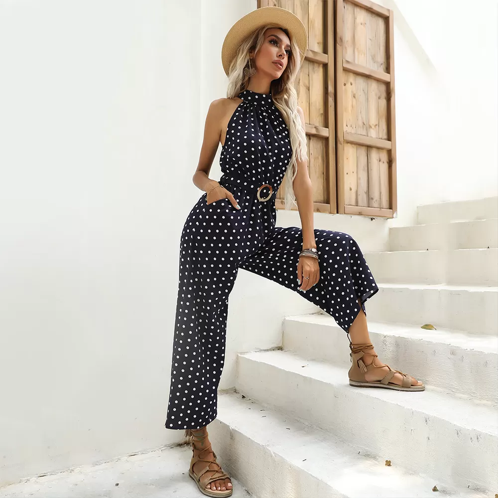 Dot Print Halter Sleeveless Jumpsuit