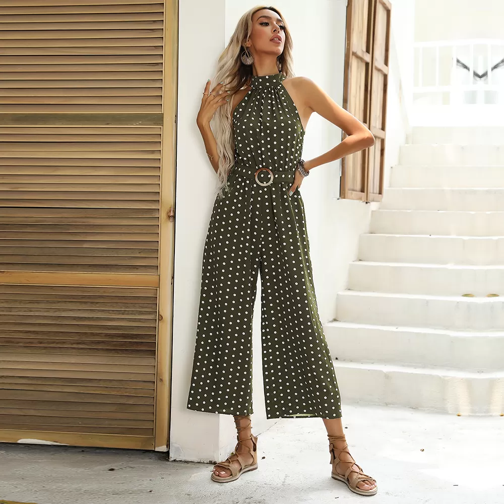 Dot Print Halter Sleeveless Jumpsuit