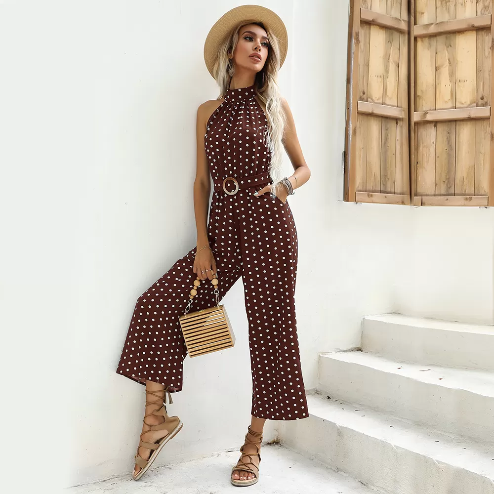 Dot Print Halter Sleeveless Jumpsuit