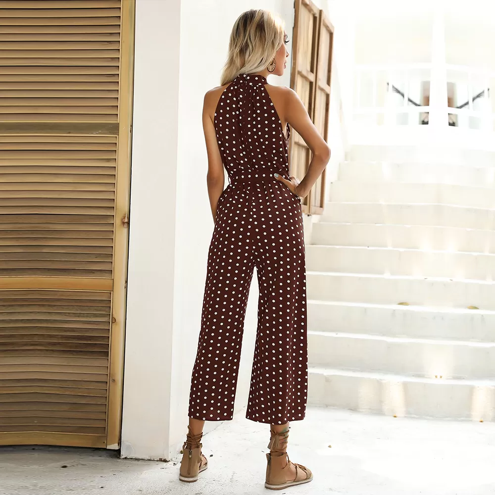 Dot Print Halter Sleeveless Jumpsuit