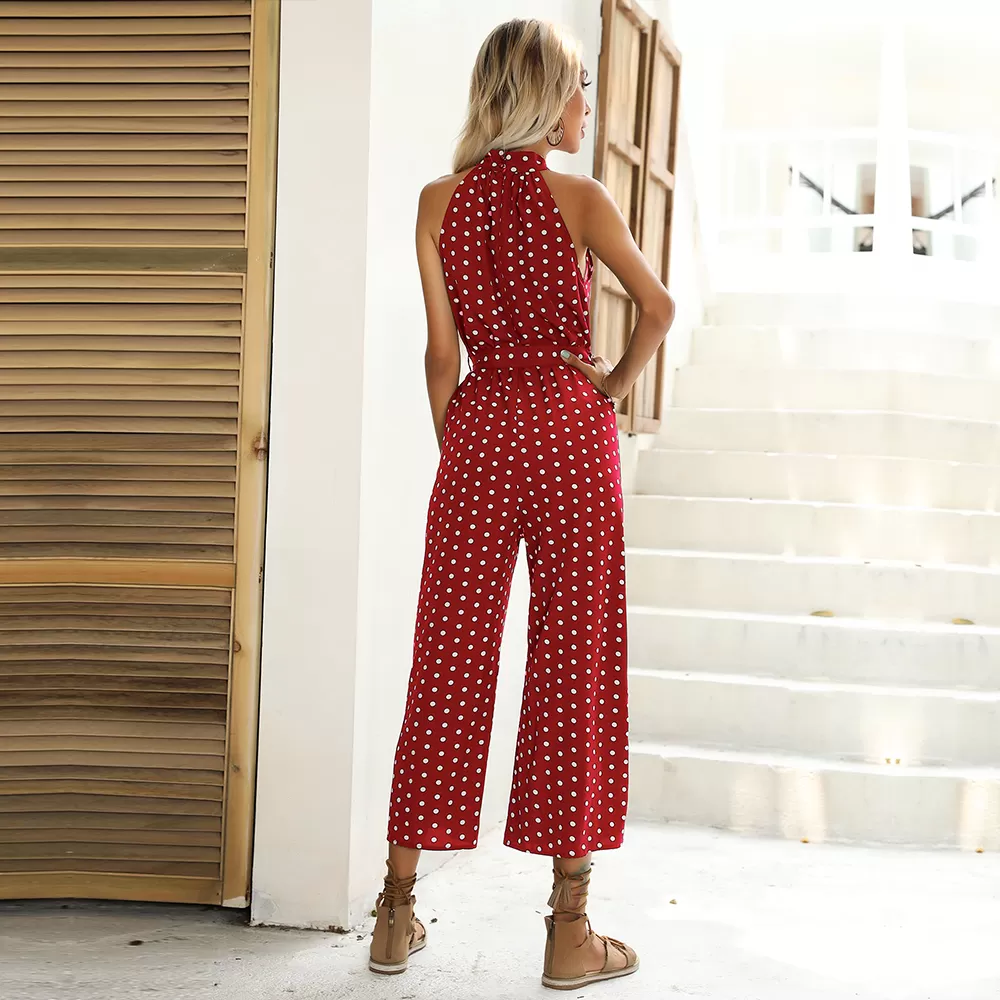 Dot Print Halter Sleeveless Jumpsuit