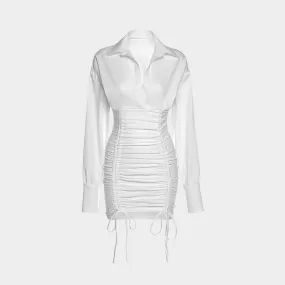 Drawstring Ruffle Lapel White Mini Dress