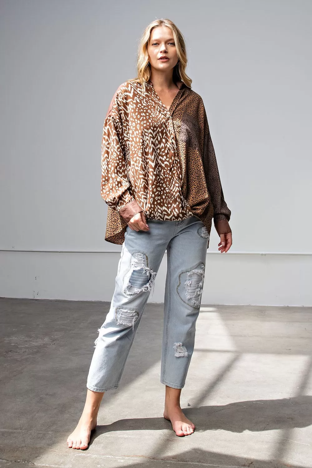 Easel Oversized Animal Print Button Down Satin Shirt