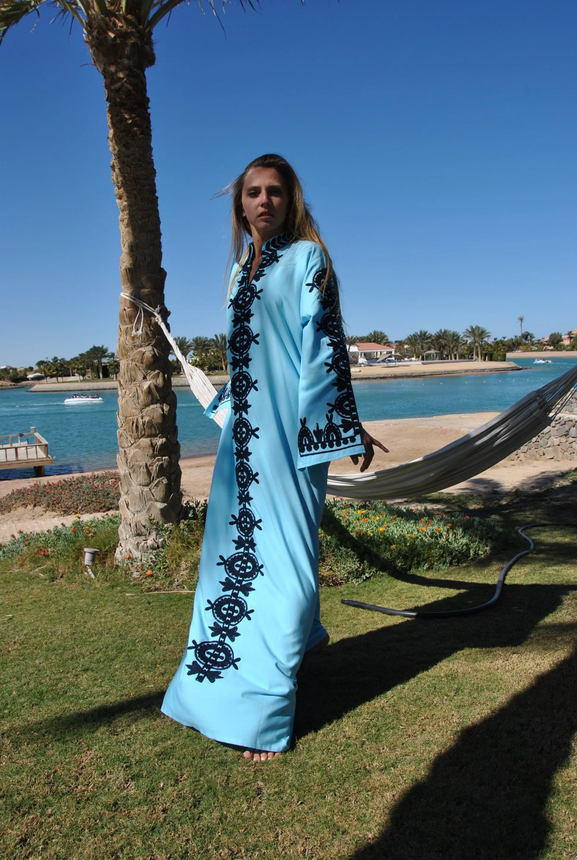 Elegant Turquoise embroidered kaftan dress, Cotton caftan dress, Long sleeve caftan, Chic embroidered caftan, High quality Egyptian cotton