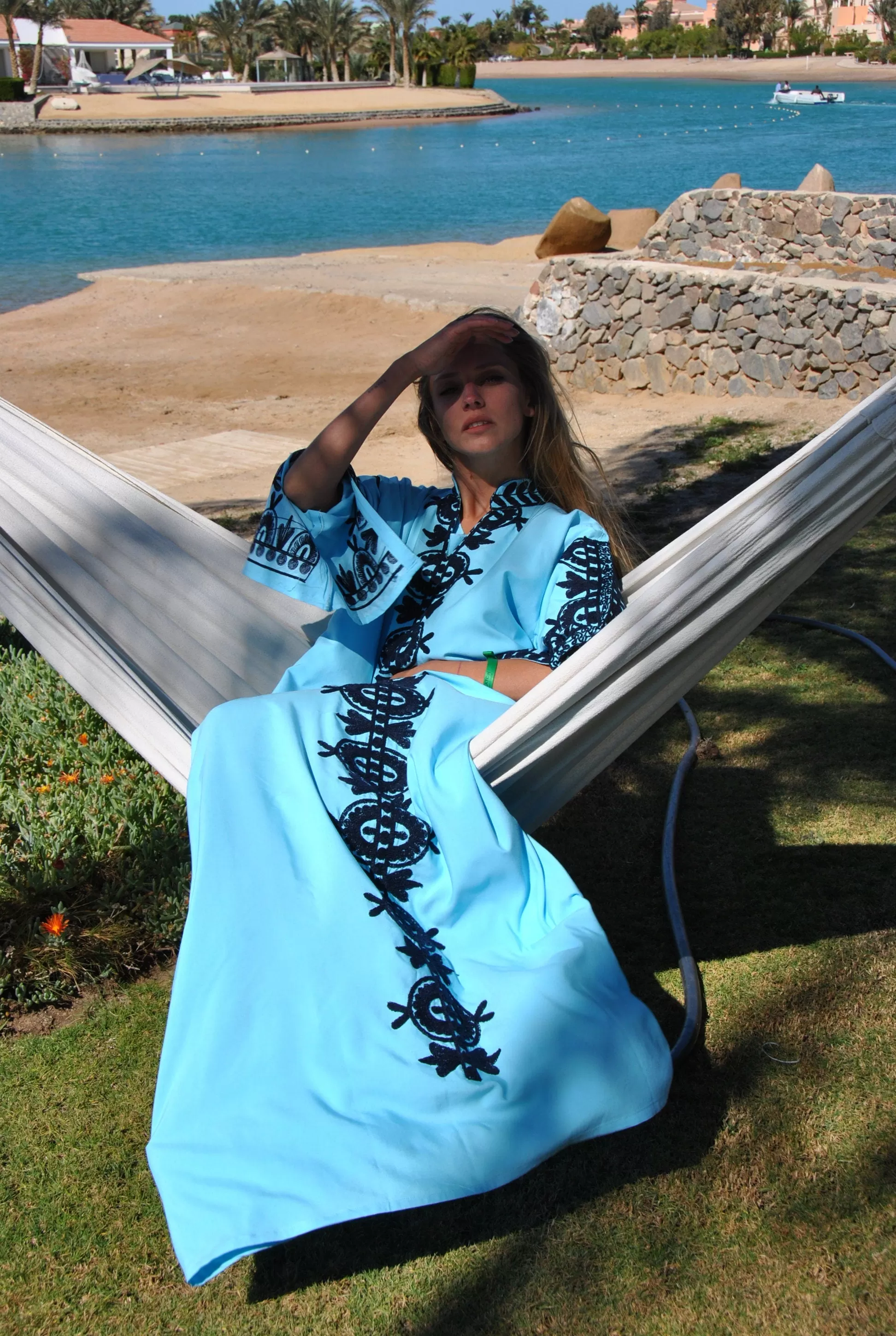 Elegant Turquoise embroidered kaftan dress, Cotton caftan dress, Long sleeve caftan, Chic embroidered caftan, High quality Egyptian cotton