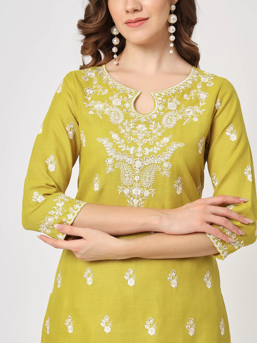 Embroidered Kurta With Matching Pants And Lace Detailed Dupatta Set