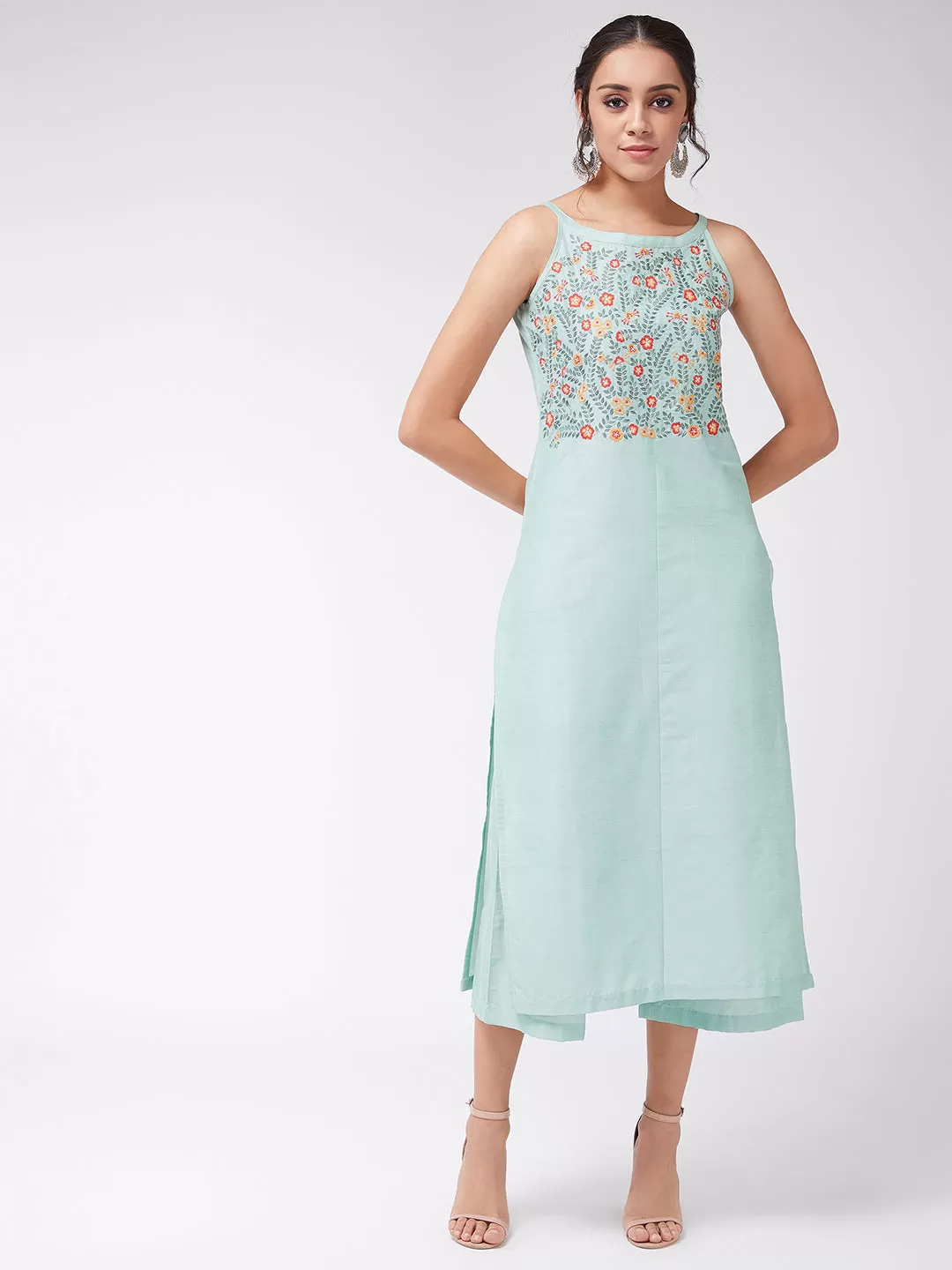 Embroidered Pastel Sleeveless Semi-Festive Kurta