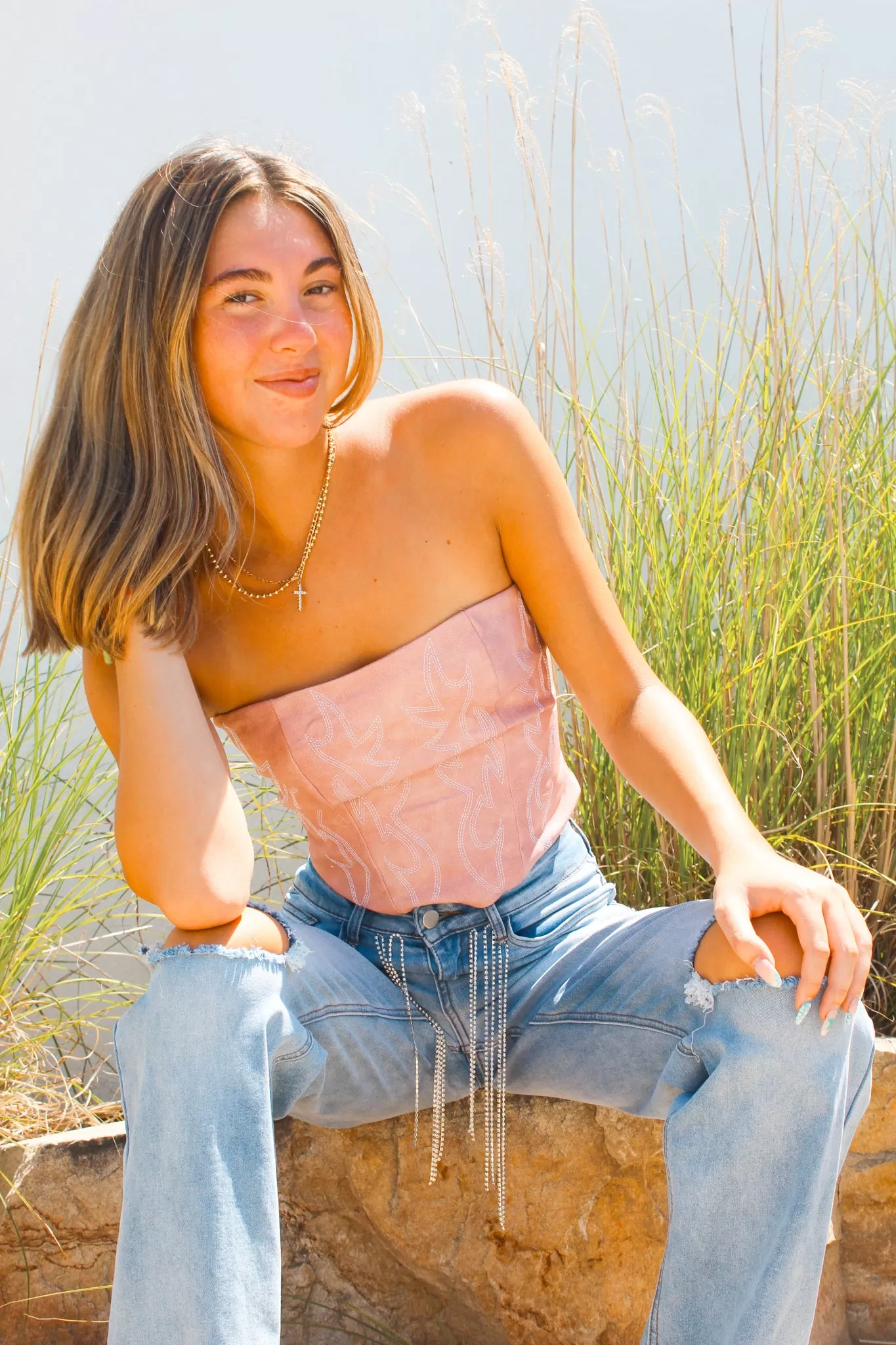 Embroidered Western Corset Top- Blush