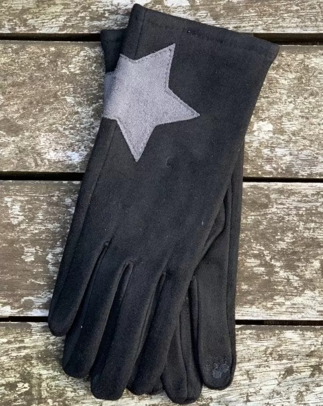 Faux Suede Gloves With Applique Star - Black