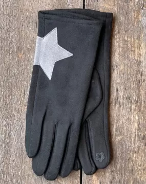 Faux Suede Gloves With Applique Star - Black