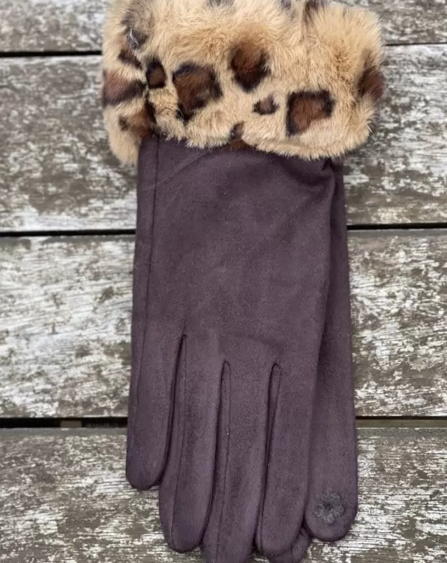 Faux Suede Gloves with Faux Fur Leopard Cuff - Chocolate Brown