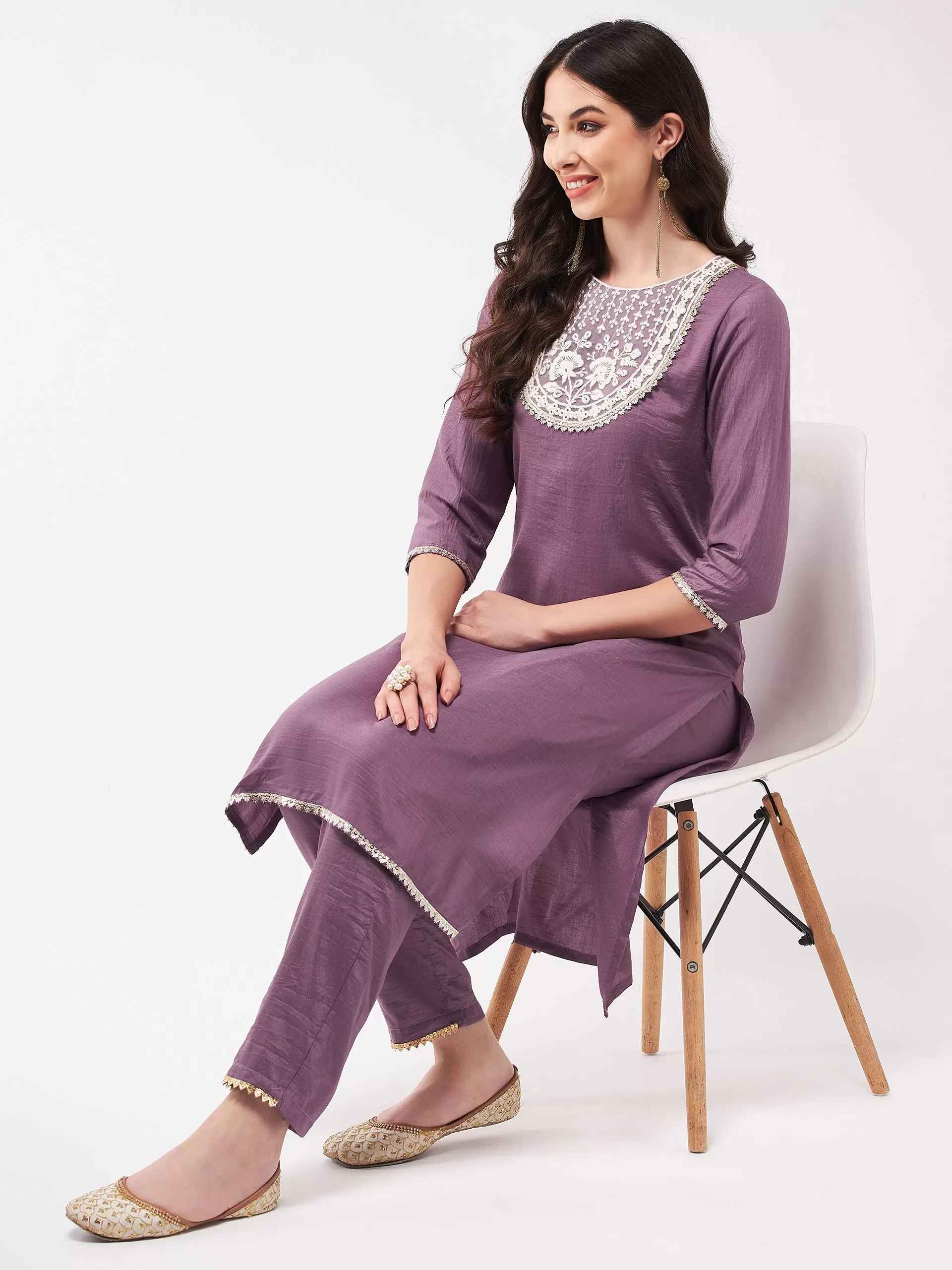 Festive Embroidered Round Neck-Patch Kurta With Laces