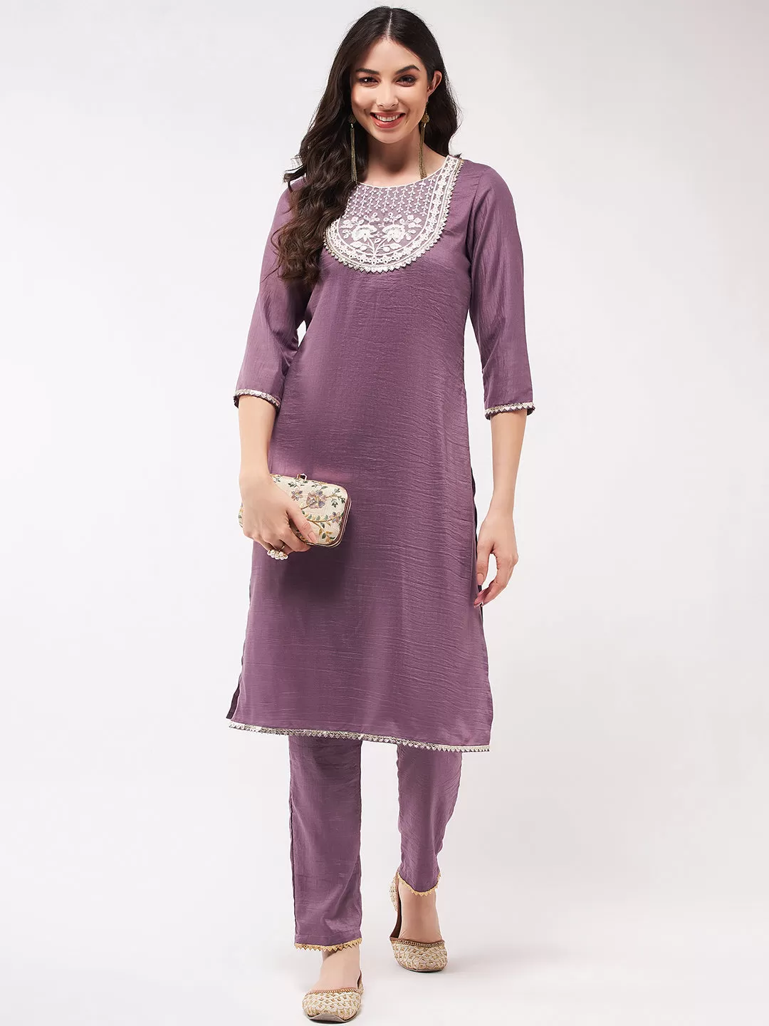 Festive Embroidered Round Neck-Patch Kurta With Laces