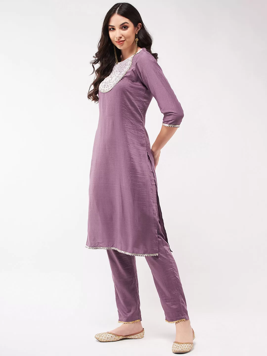 Festive Embroidered Round Neck-Patch Kurta With Laces